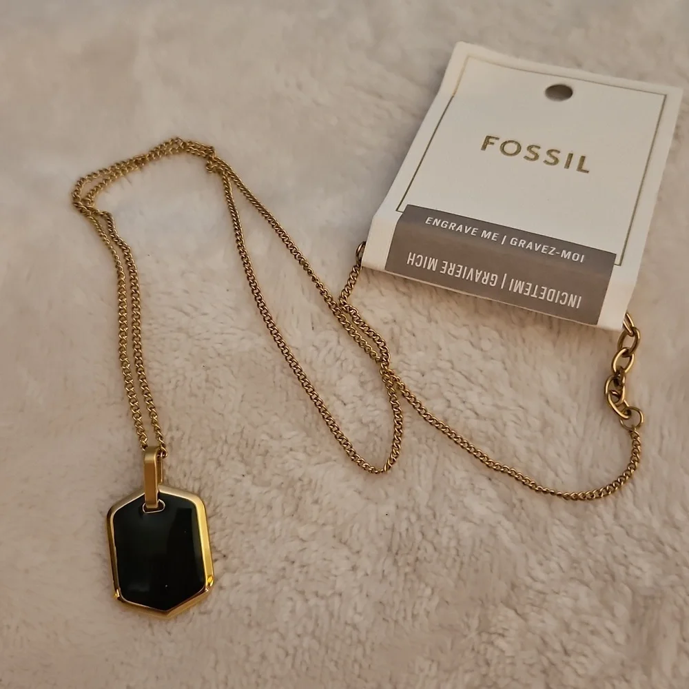Vtg FOSSIL Unisex Engravable Black Enamel Hexagon Tag Stainless Steel Necklace